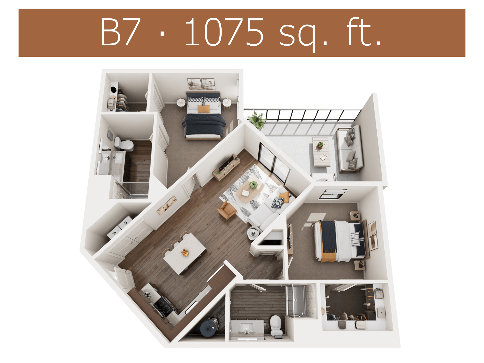 Floor plan for 2 beds, 2 baths, 1075 sqft